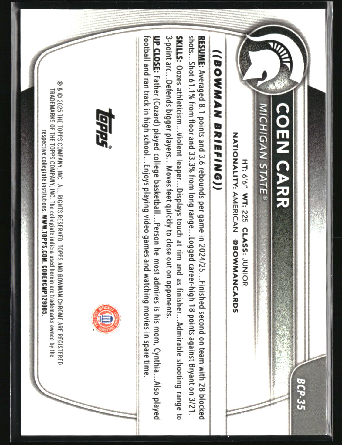 Coen Carr 2025-26 Bowman Chrome Prospects Reptilian Orange #BCP-35 #/25