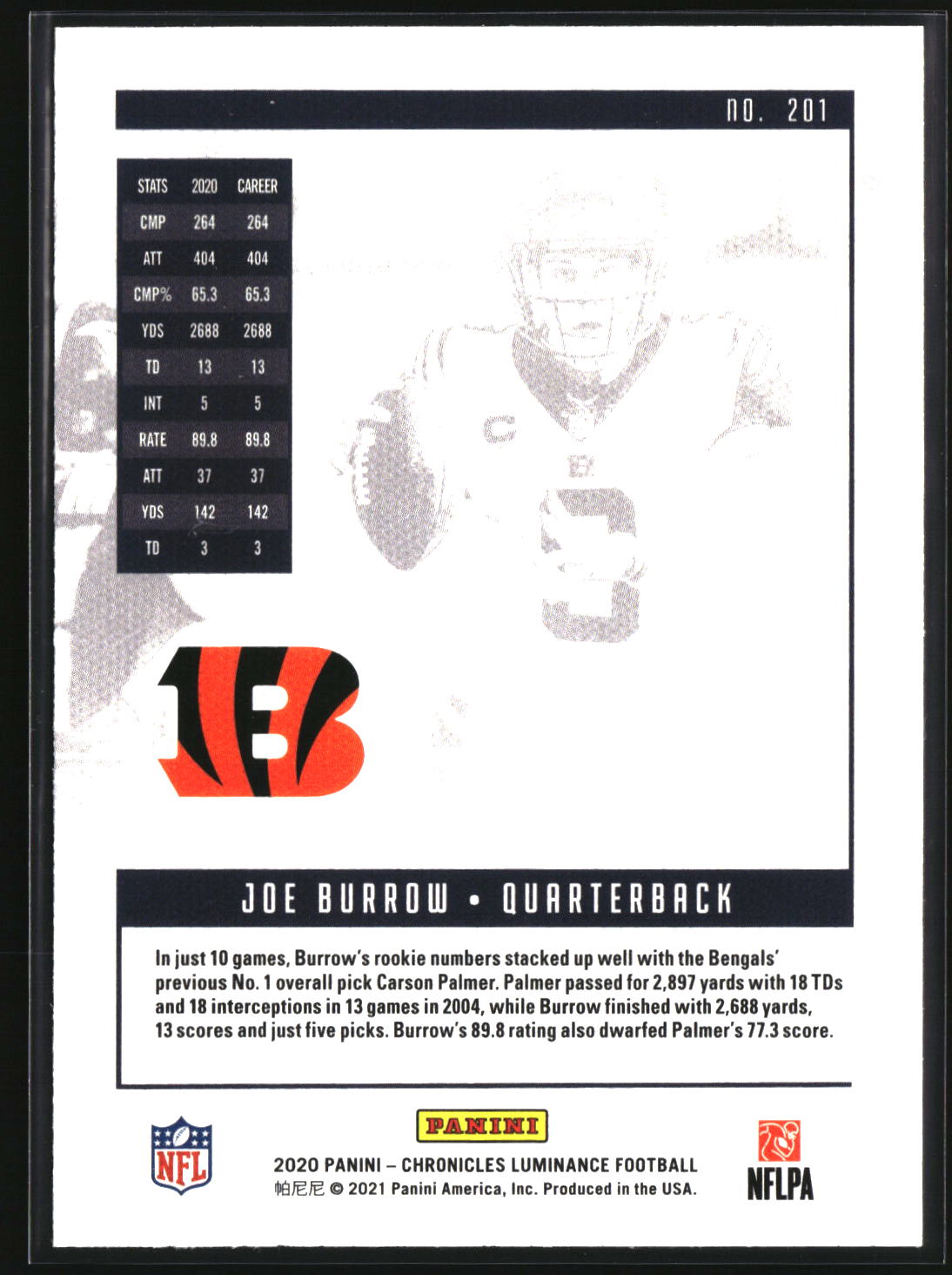 Joe Burrow 2020 Panini Chronicles Luminance Update Rookies #201