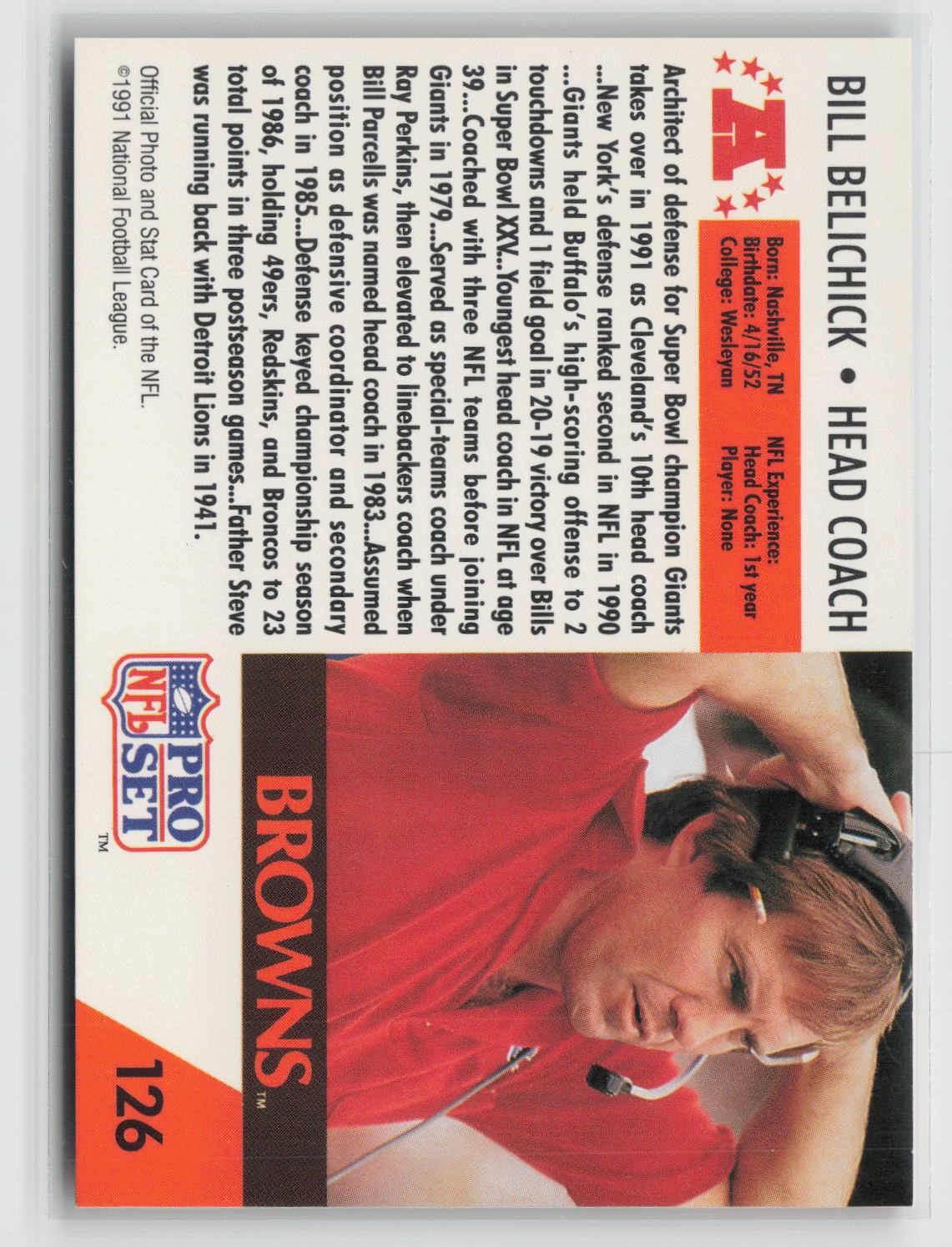 Bill Belichick 1991 Pro Set #126