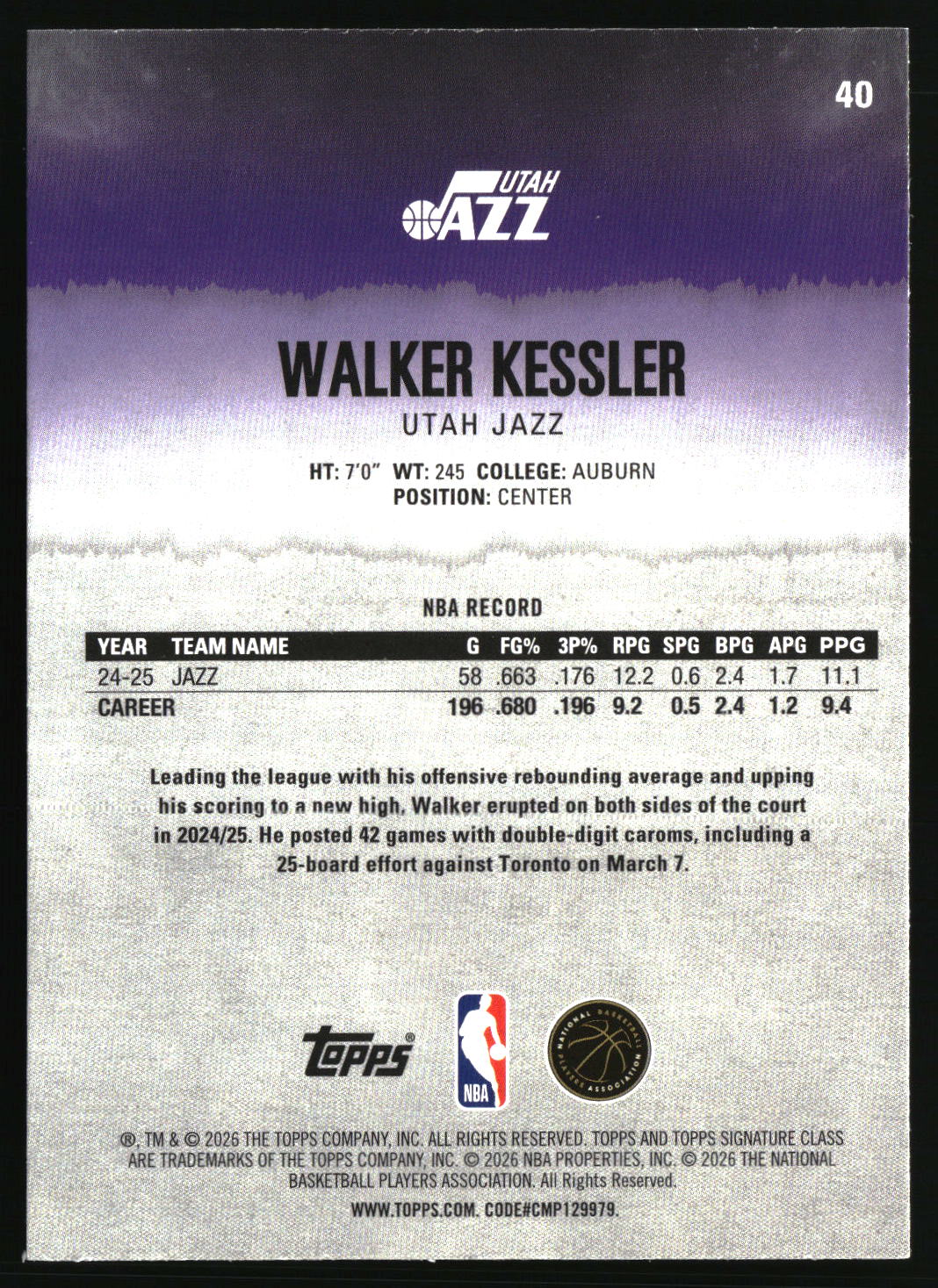 Walker Kessler 2025-26 Topps Signature Class #40