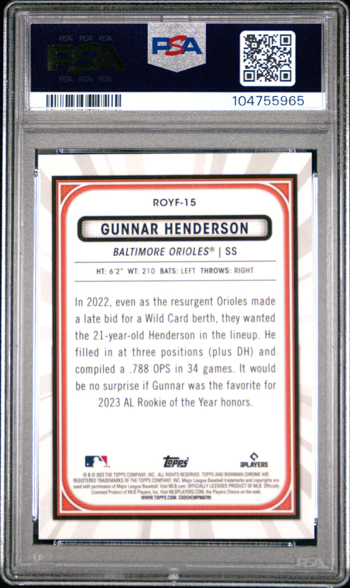 Gunnar Henderson 2023 Bowman Rookie Of The Year Favorites #ROYF15 PSA 9