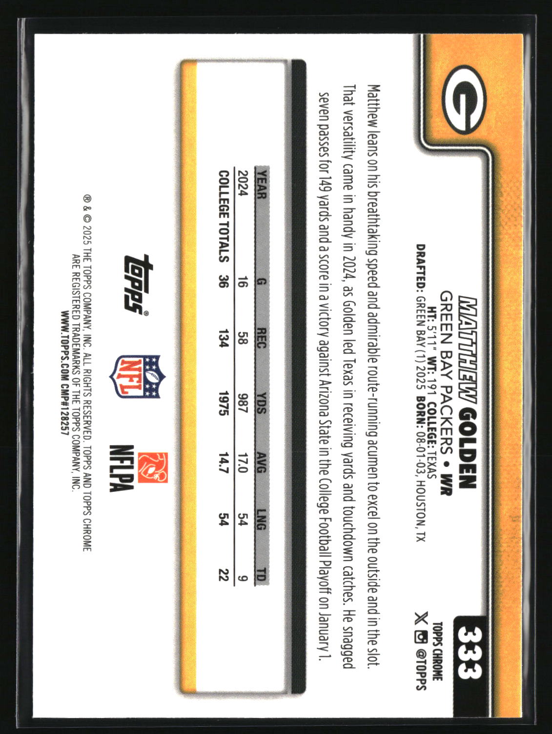 Matthew Golden 2025 Topps Chrome #333