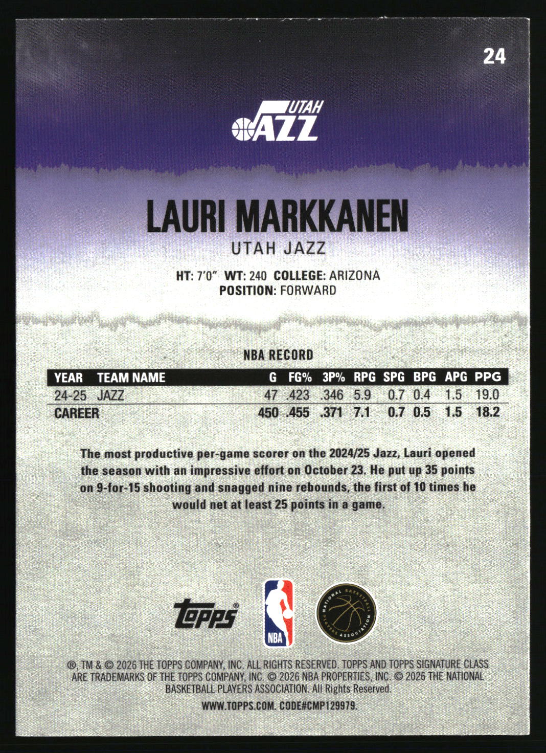 Lauri Markkanen 2025-26 Topps Signature Class #24