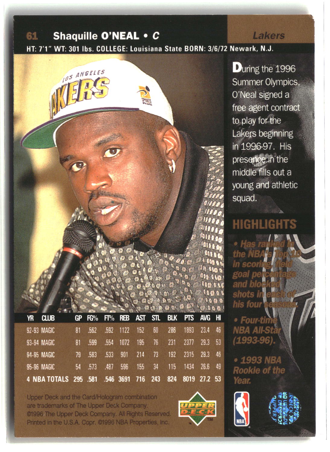 Shaquille O'Neal 1996-97 Upper Deck #61