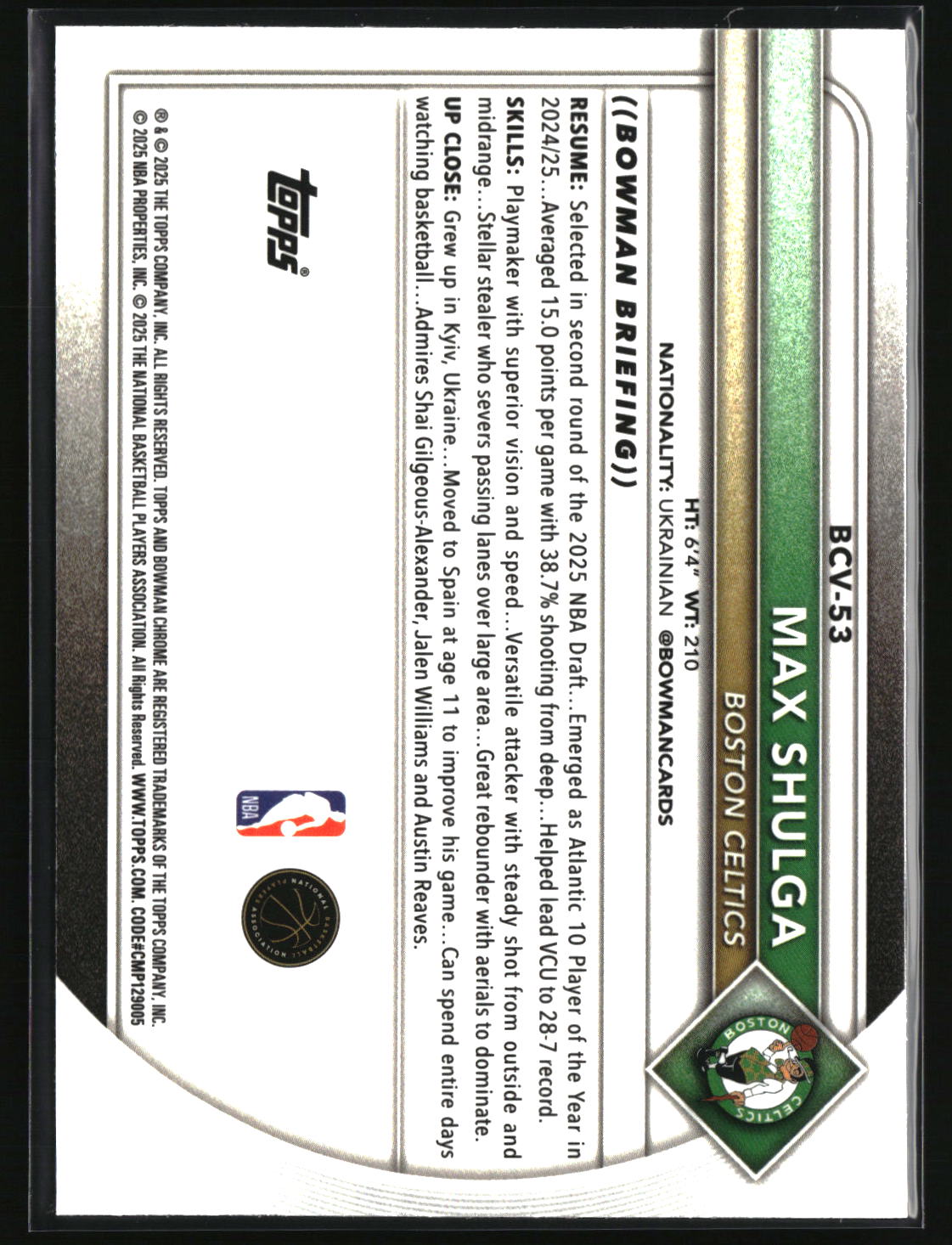 Max Shulga 2025-26 Bowman Chrome Reptilian Refractor #BCV-53
