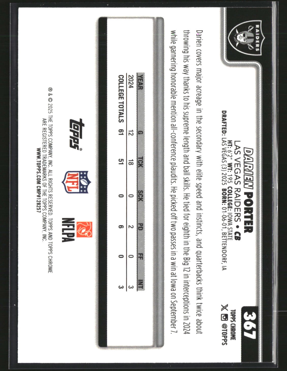 Darien Porter 2025 Topps Chrome Football Pulsar Refractor #367