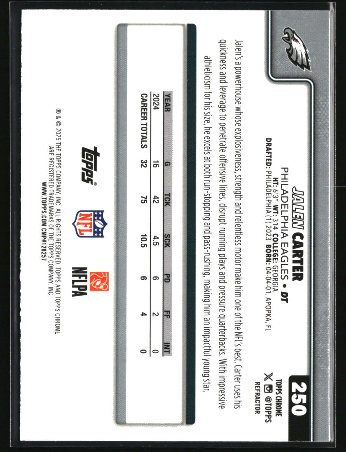 Jalen Carter 2025 Topps Chrome - Topps Refractor #250