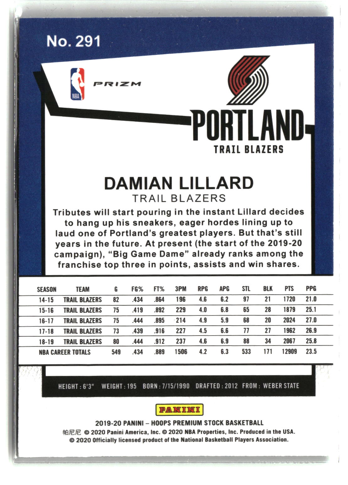 Damian Lillard 2019-20 Hoops Premium Stock Prizms Green #291