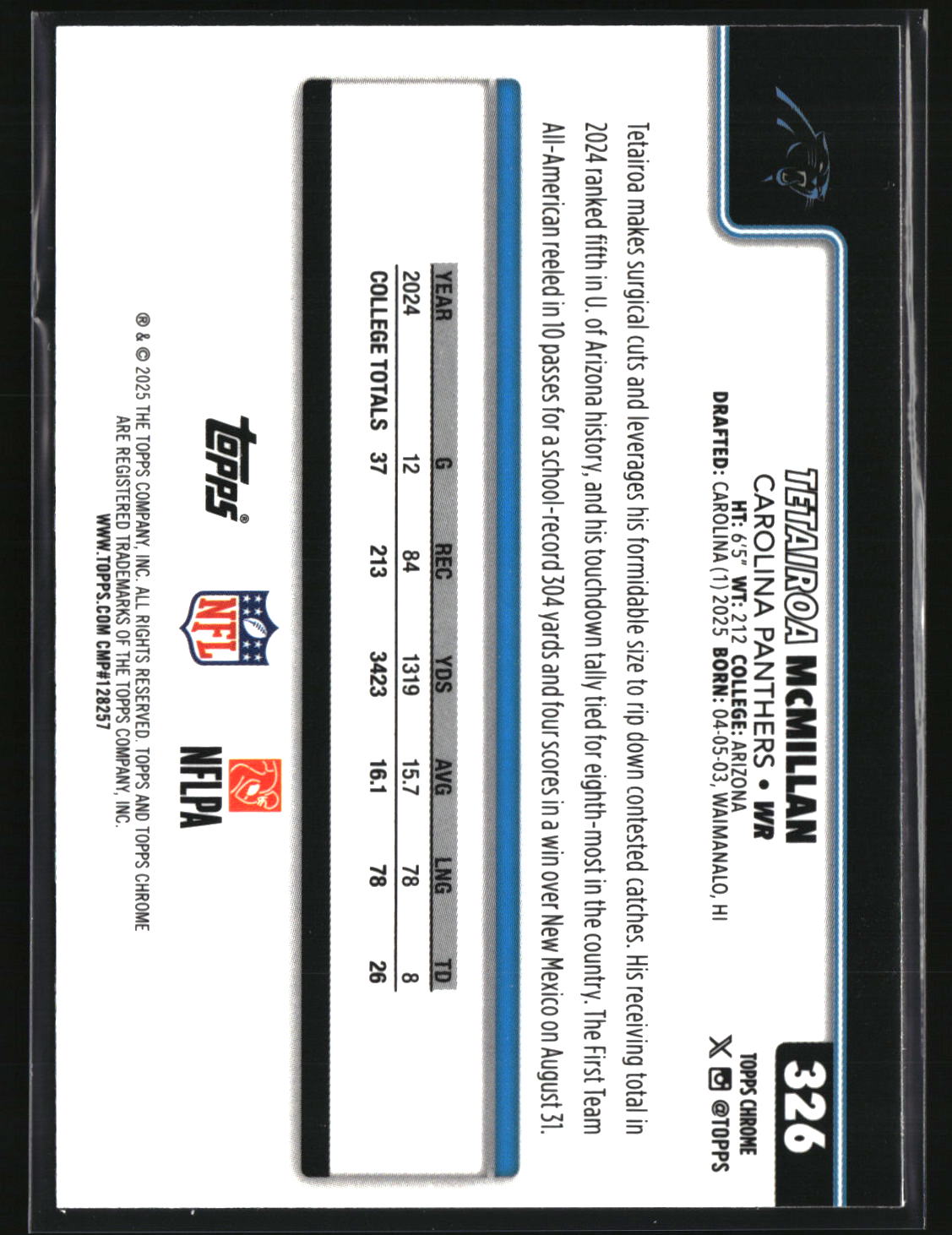 Tetairoa McMillan 2025 Topps Chrome Football #326