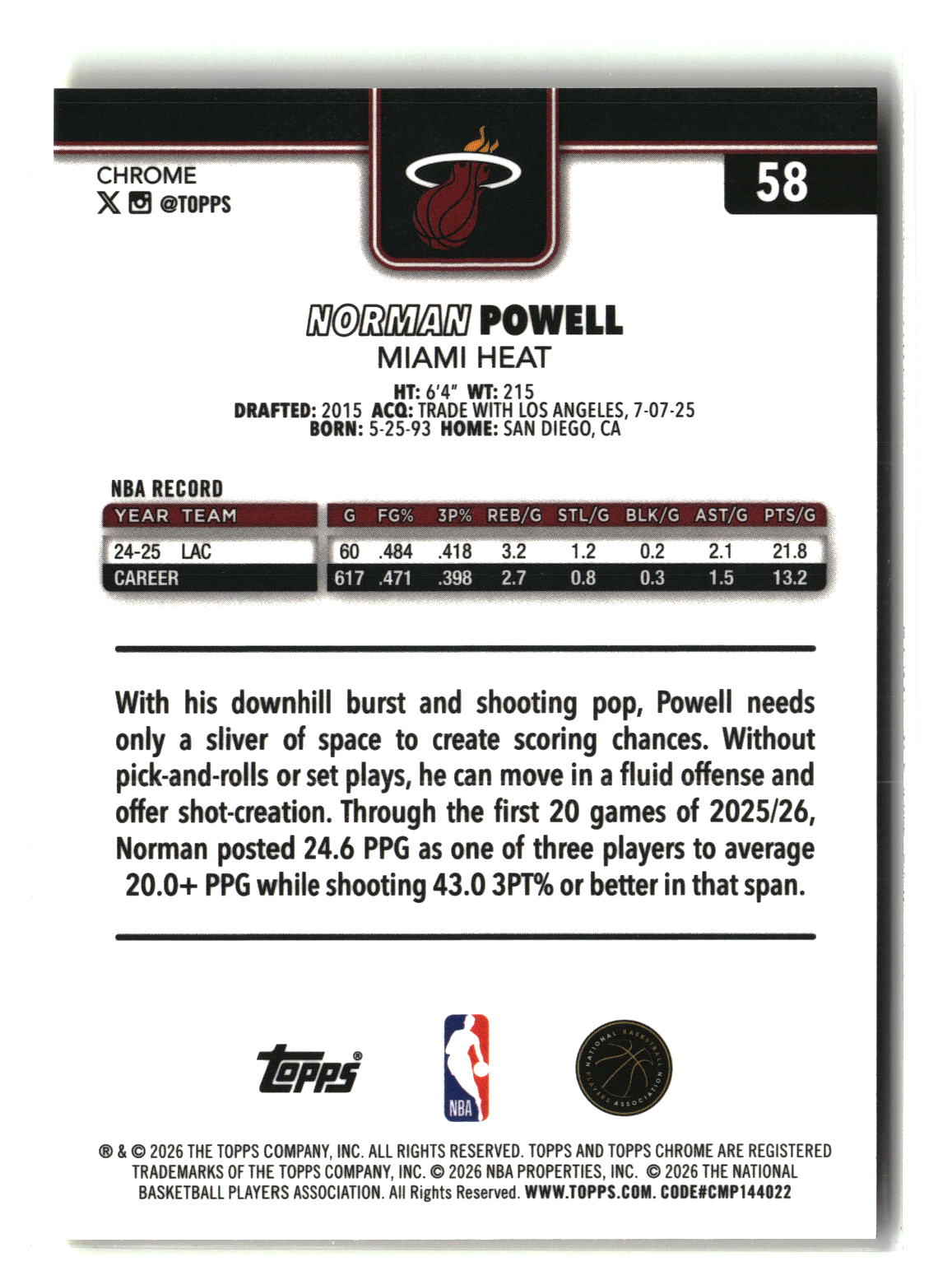 Norman Powell 2025-26 Topps Chrome Update Yellow Wave Refractor #58 #/275
