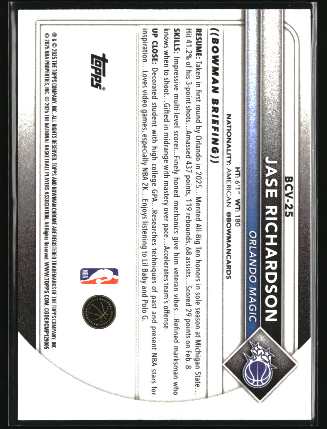 Jase Richardson 2025-26 Bowman Chrome Reptilian Refractor #BCV-25