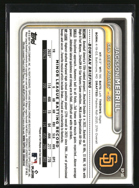 Jackson Merrill 2024 Bowman Chrome Prospects Green Grass Ref #BCP-145 #/99