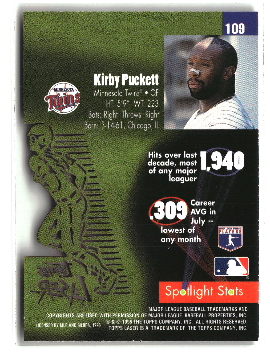 Kirby Puckett 1996 Topps Laser #109