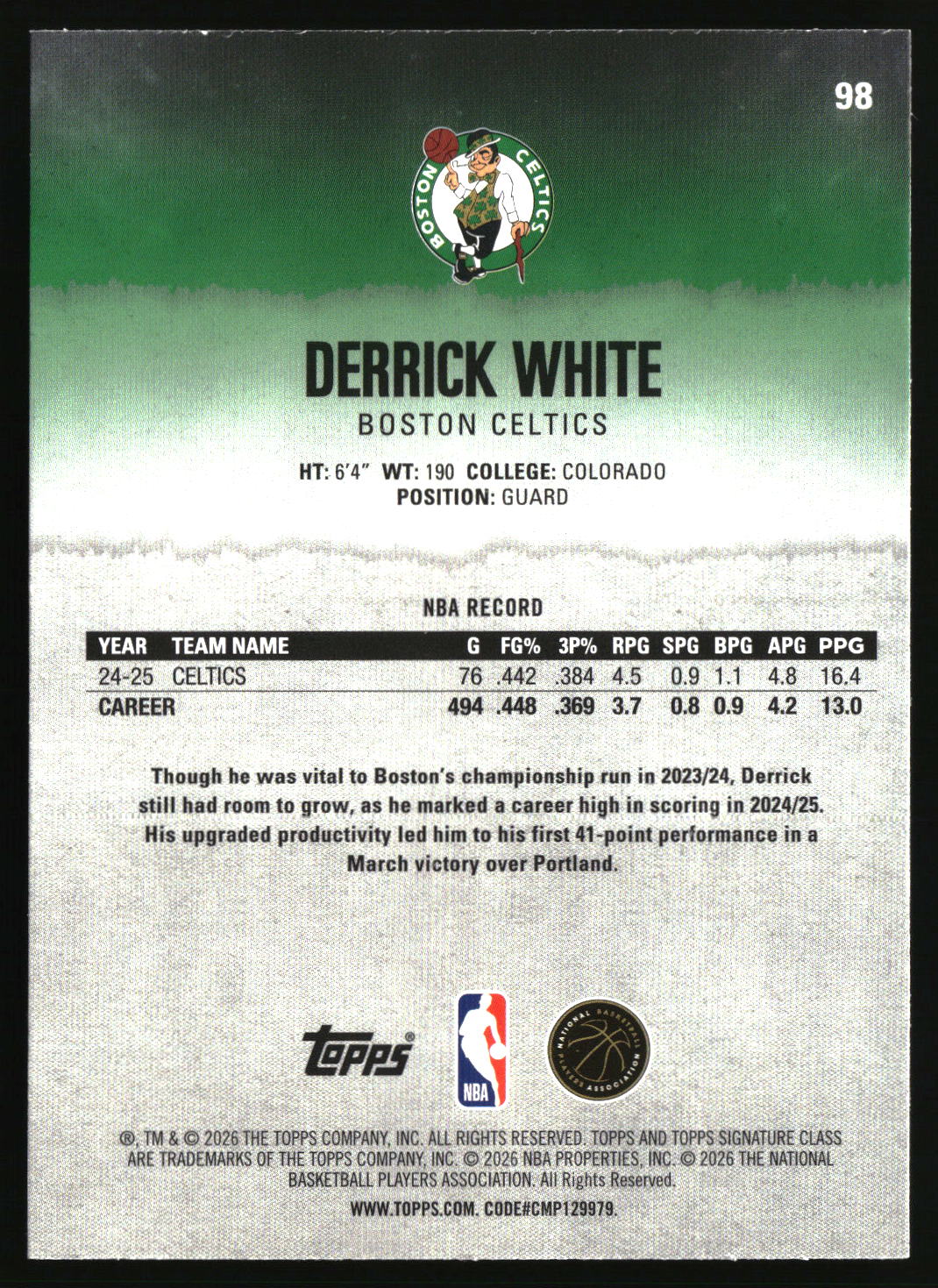 Derrick White 2025-26 Topps Signature Class #98