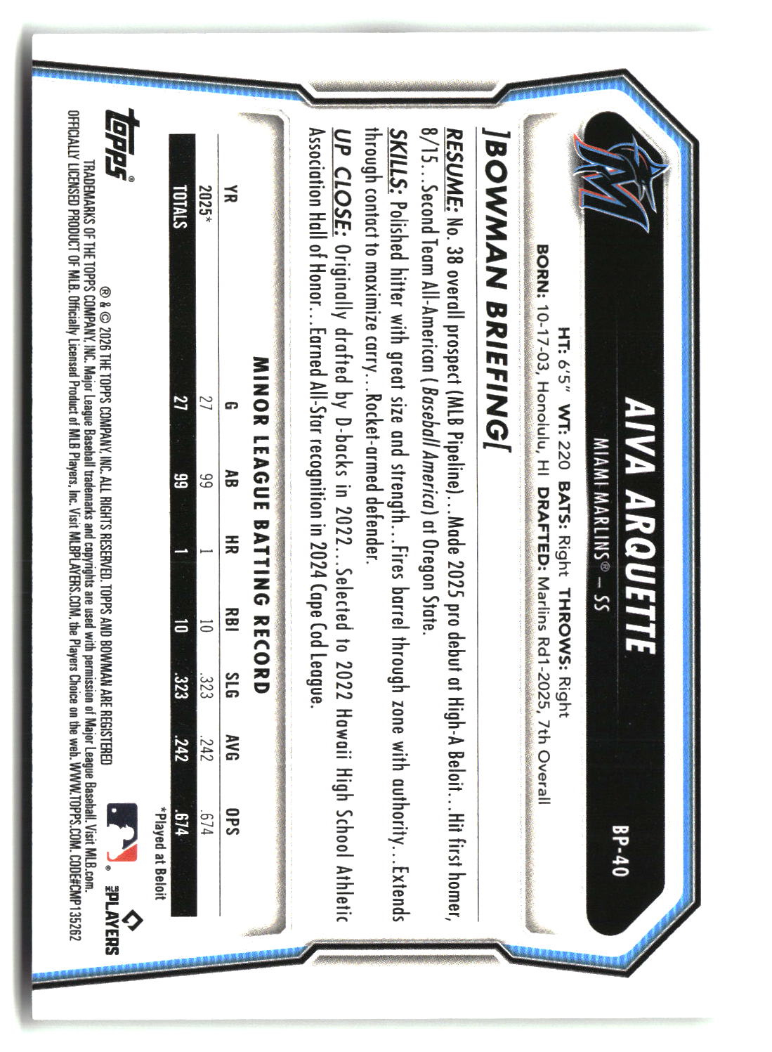 Aiva Arquette 2026 Bowman Prospects #BP-40