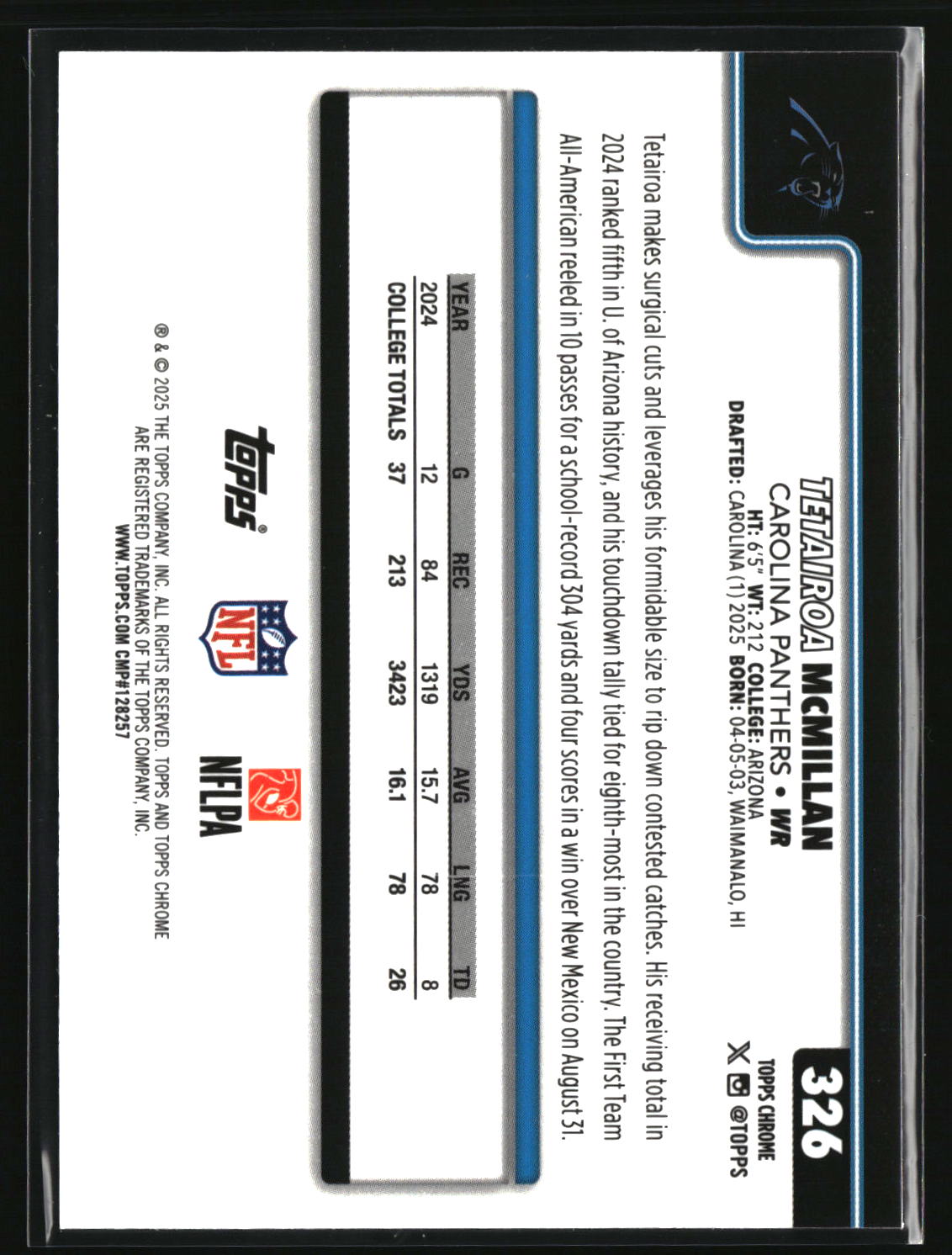Tetairoa McMillan 2025 Topps Chrome Pulsar Refractor #326