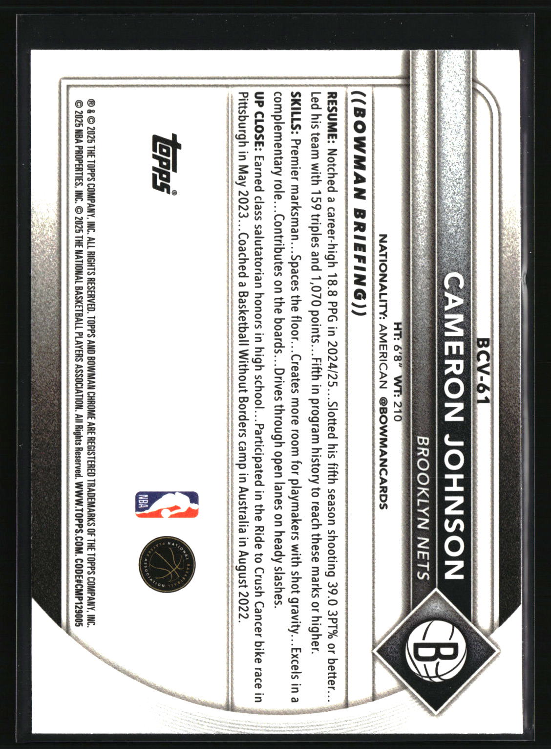 Cameron Johnson 2025-26 Bowman Chrome Reptilian Refractor #BCV-61