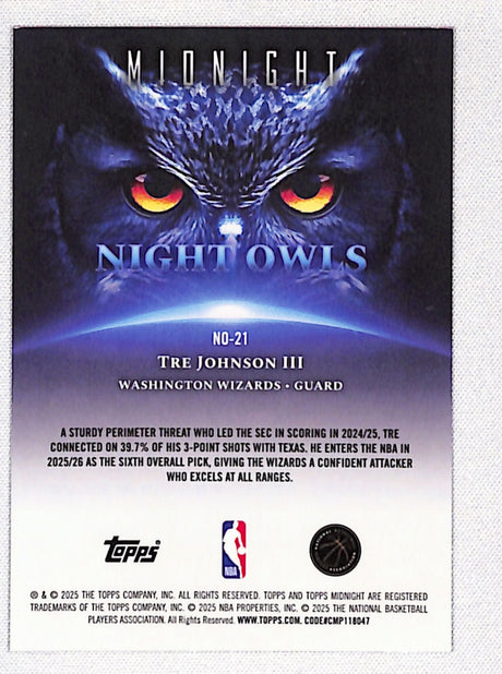 Tre Johnson III 2025-26 Topps Midnight Night Owls Dusk #NO-21 #/75