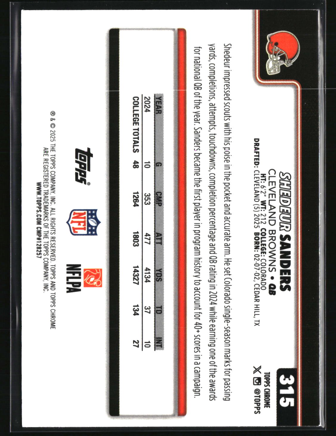 Shedeur Sanders 2025 Topps Chrome Football #315