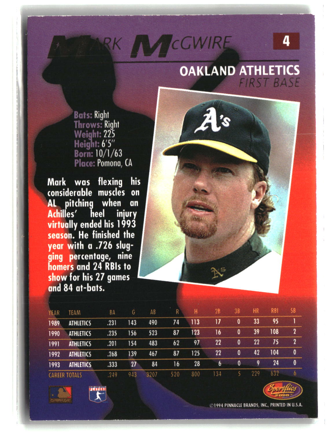 Mark McGwire 1994 Sportflics 2000 #4