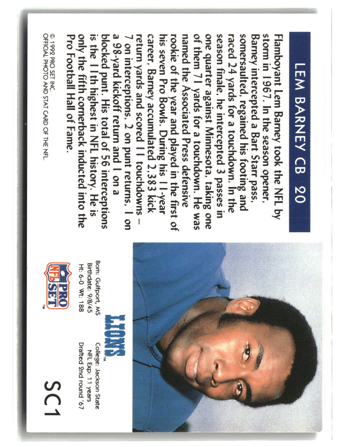 Lem Barney 1992 Pro Set HOF Inductees #SC1