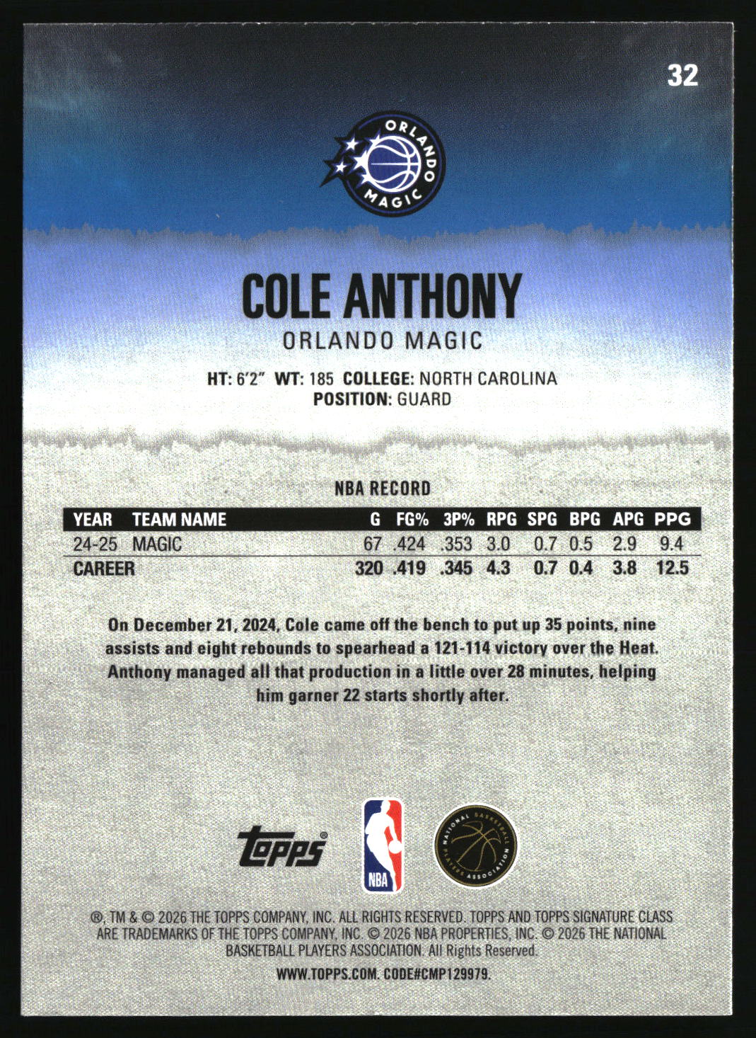 Cole Anthony 2025-26 Topps Signature Class #32