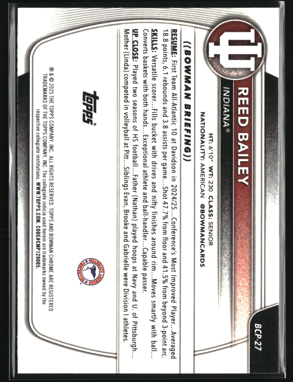 Reed Bailey 2025-26 Bowman Chrome Prospects Reptilian Refractor #BCP-27