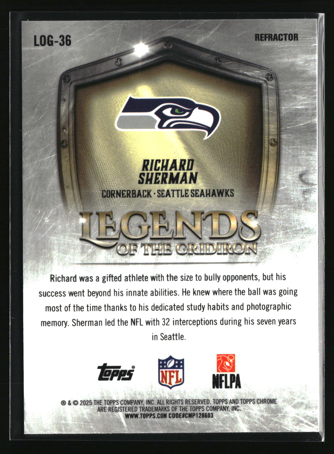 Richard Sherman 2025 Topps Chrome Legends of the Gridiron Refractor #LOG-36