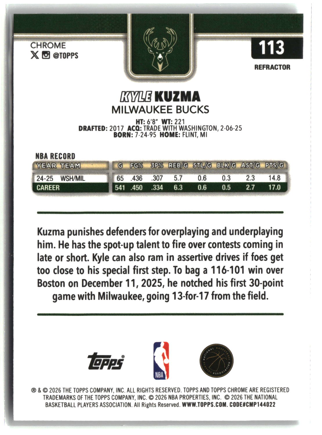 Kyle Kuzma 2025-26 Topps Chrome Update Refractor #113