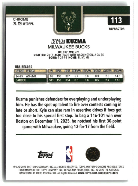Kyle Kuzma 2025-26 Topps Chrome Update Refractor #113
