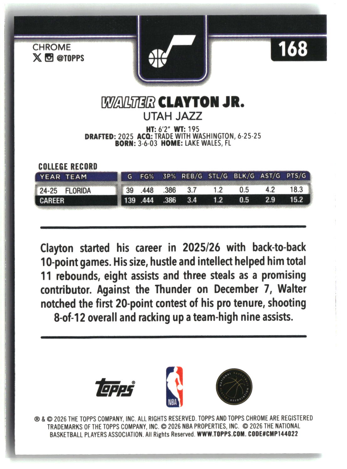 Walter Clayton Jr. 2025-26 Topps Chrome Update #168
