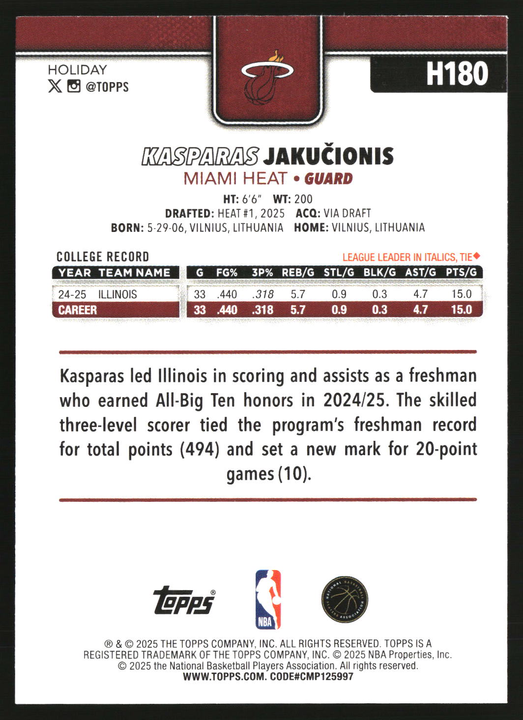 Kasparas Jakucionis 2025-26 Topps Holiday #H180