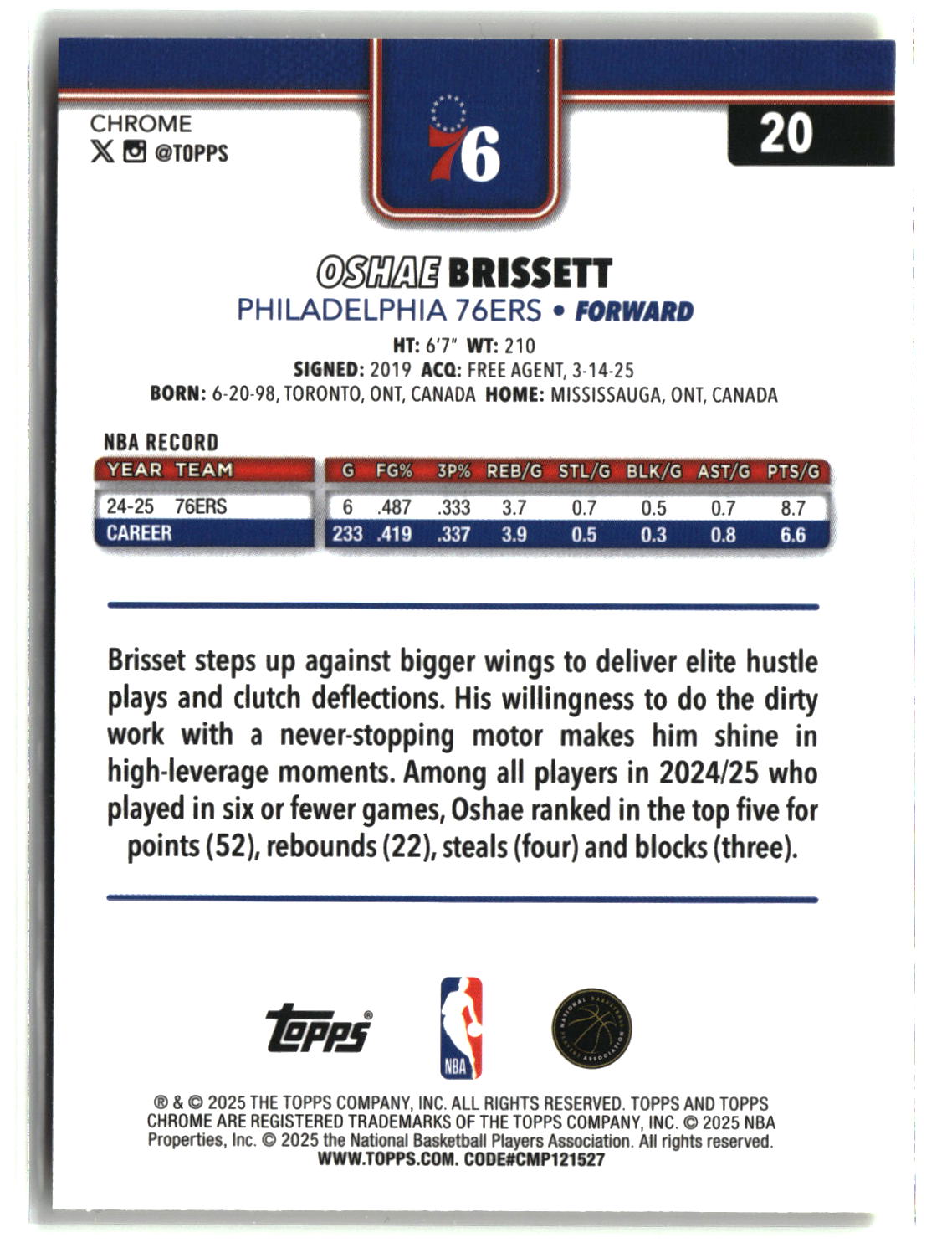 Oshae Brissett 2025-26 Topps Chrome Yellow Refractor #20 #/275