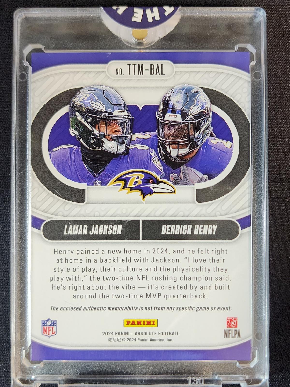Lamar Jackson/Derrick Henry 2024 Absolute Team Tandem Materials Gold TTM-BAL /99