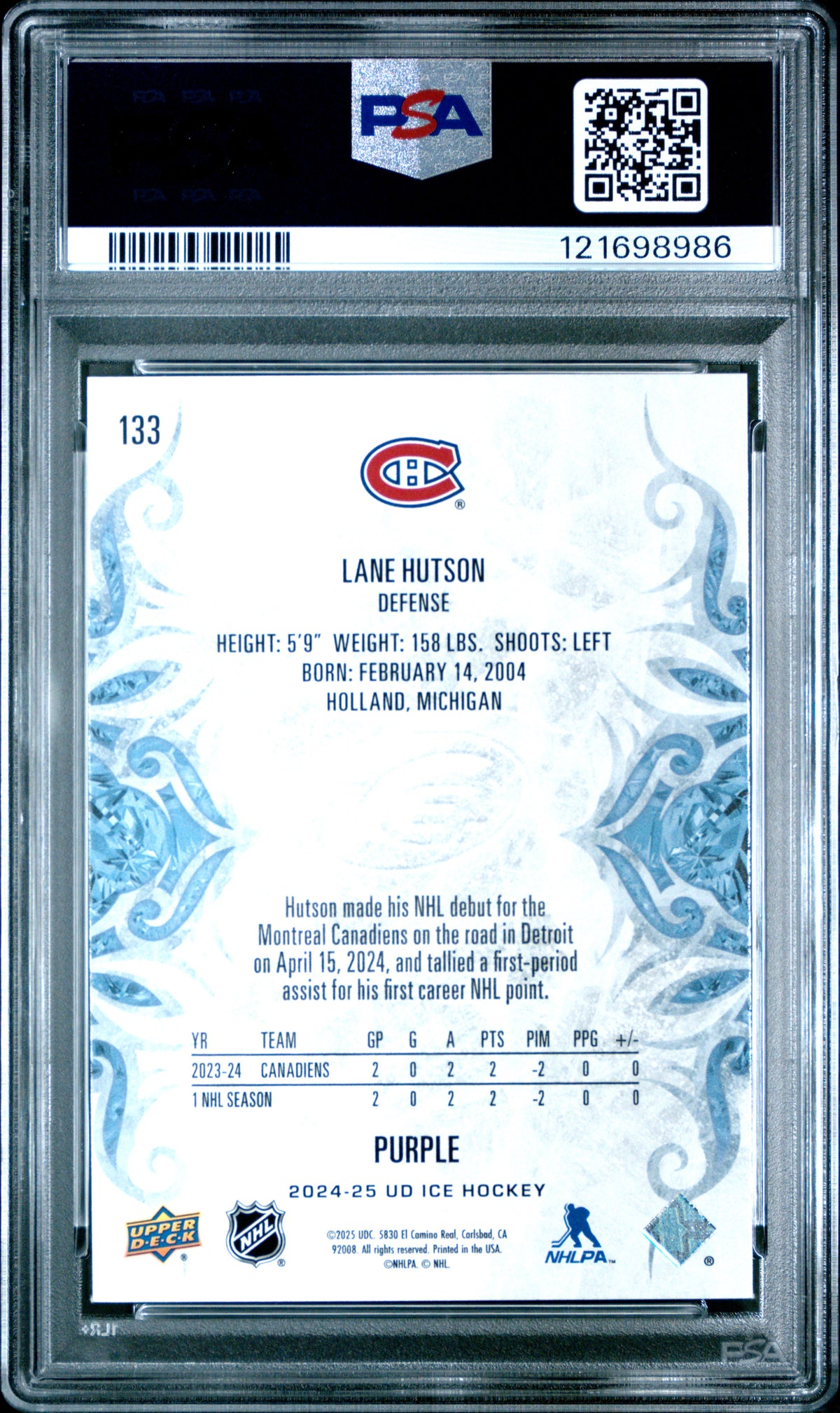 Lane Hutson 2024-25 Upper Deck Ice Purple #133 PSA 10