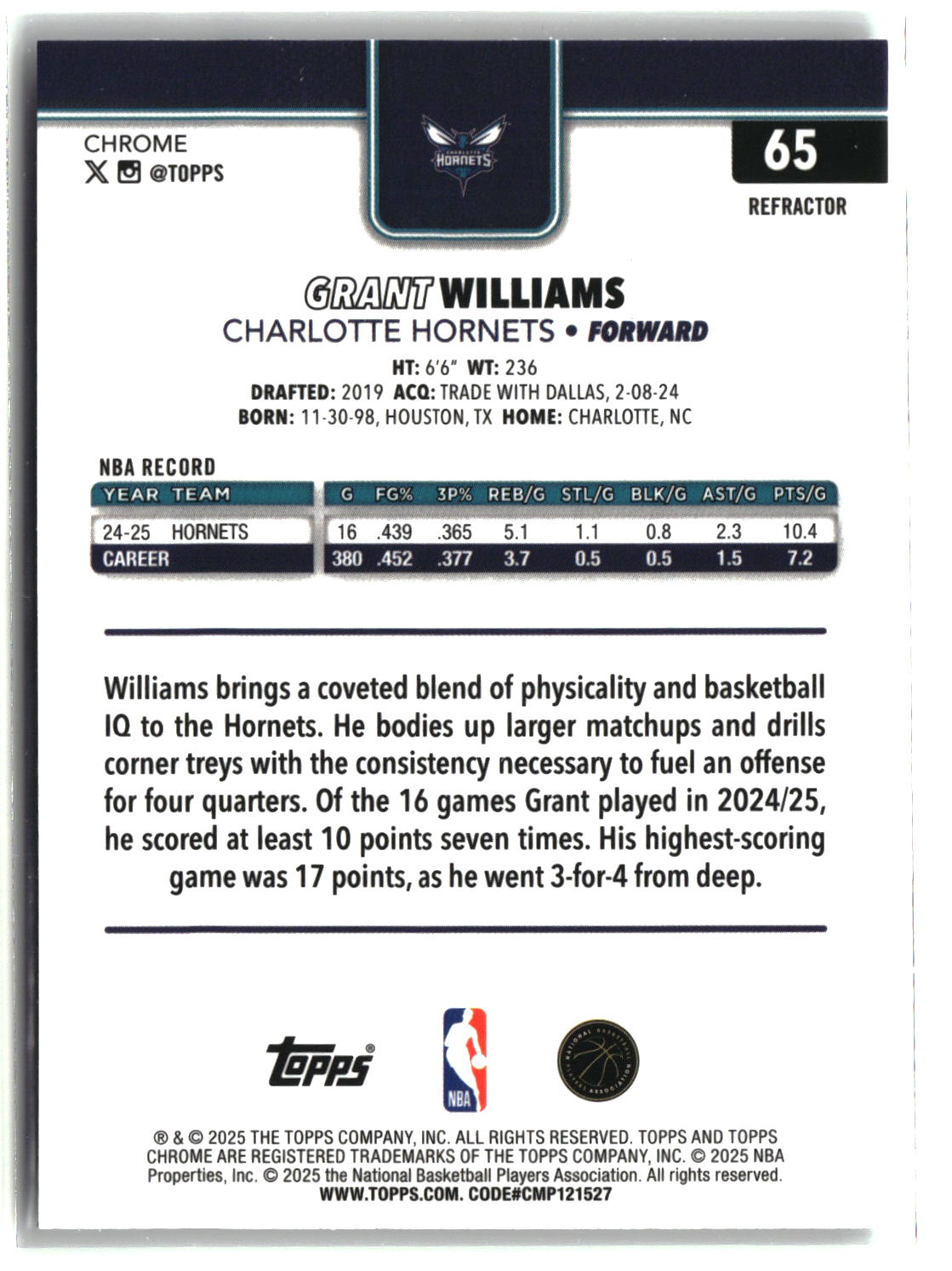 Grant Williams 2025-26 Topps Chrome Refractor #65