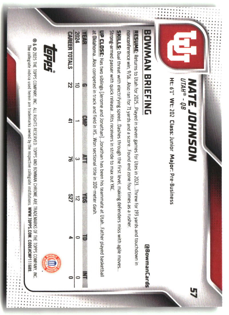 Nate Johnson 2025 Bowman University Chrome Xfractor #57