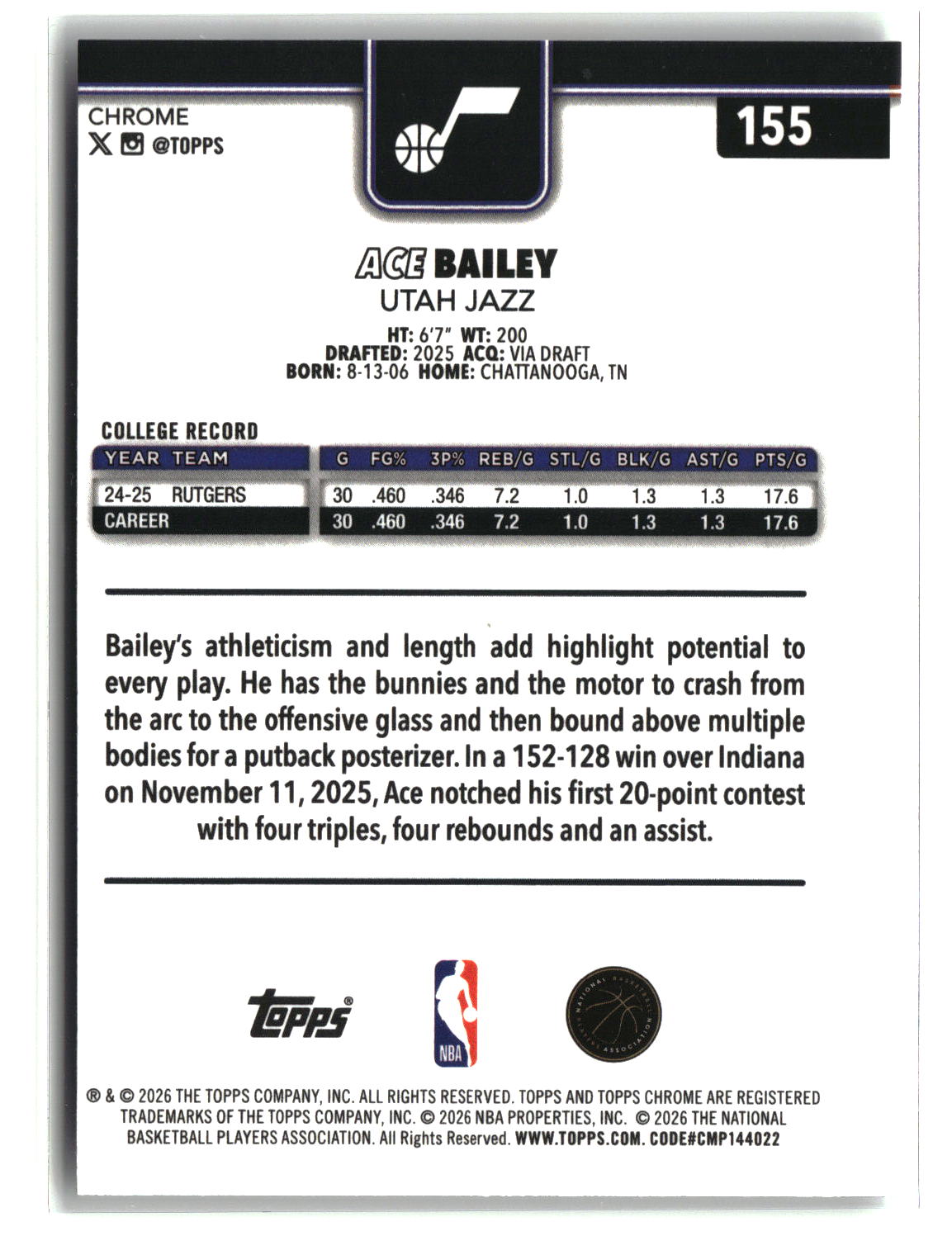 Ace Bailey 2025-26 Topps Chrome Update #155