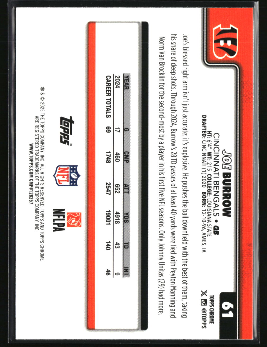 Joe Burrow 2025 Topps Chrome Red White and Blue Refractor #61