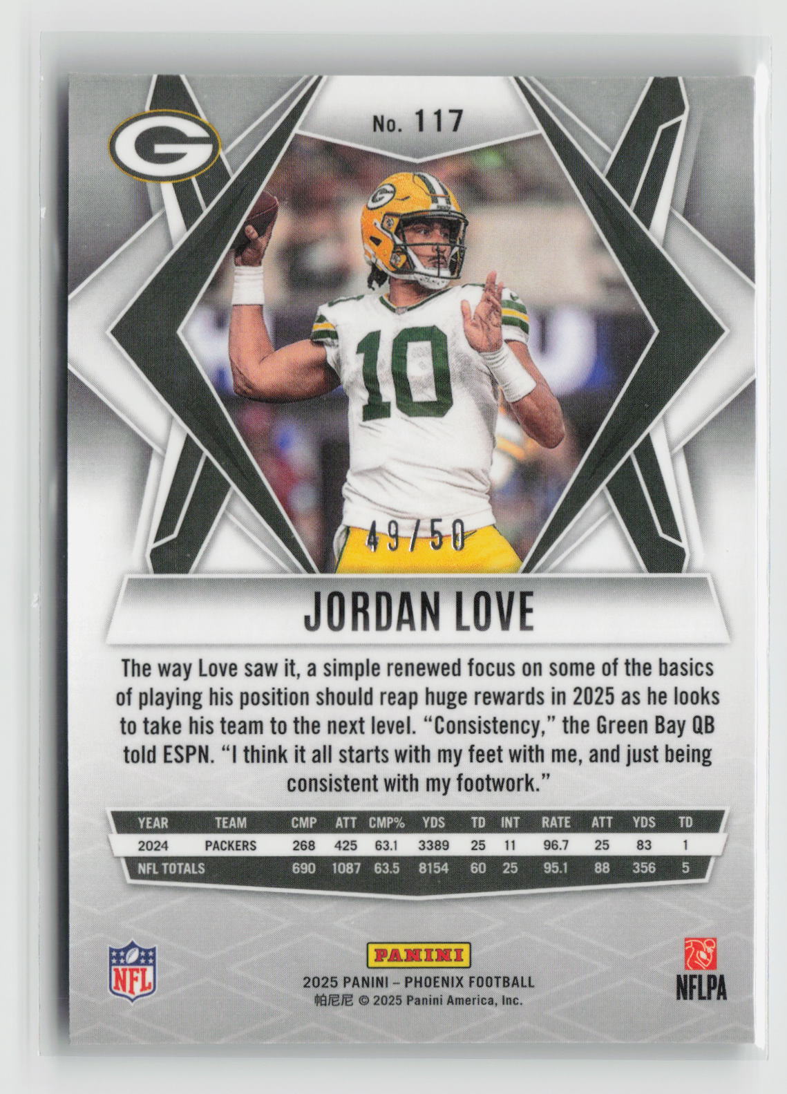 Jordan Love 2025 Panini Phoenix Bronze Winter Prizm #117 #/50