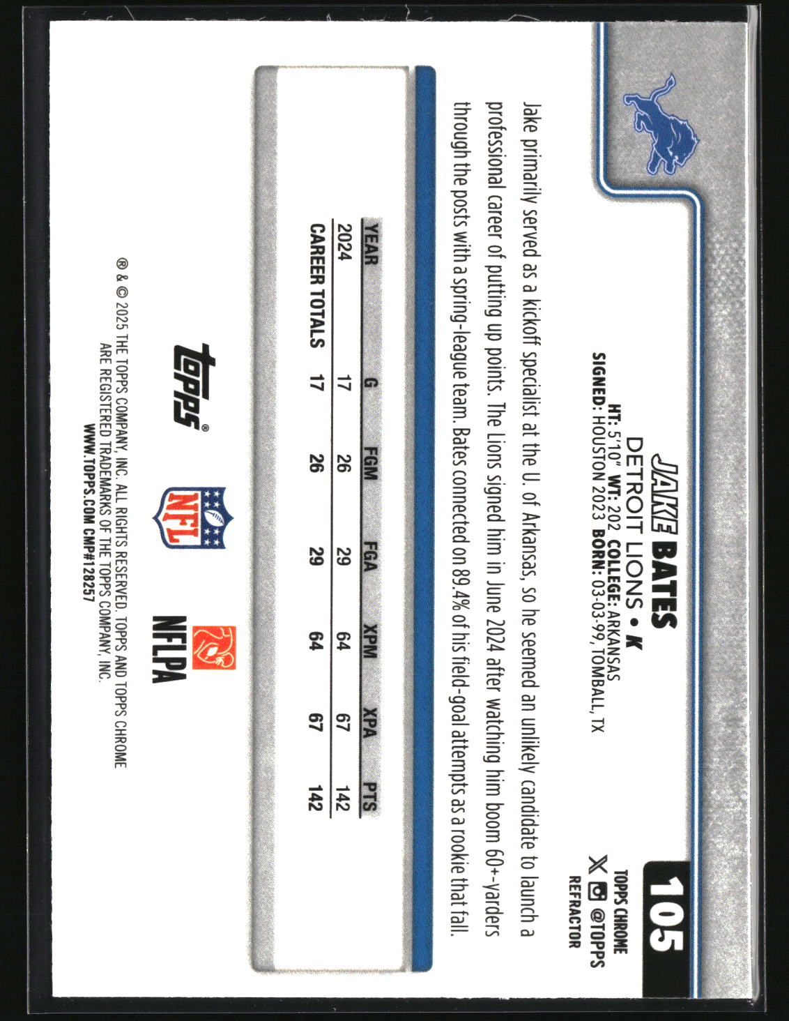 Jake Bates 2025 Topps Chrome - Topps Refractor #105