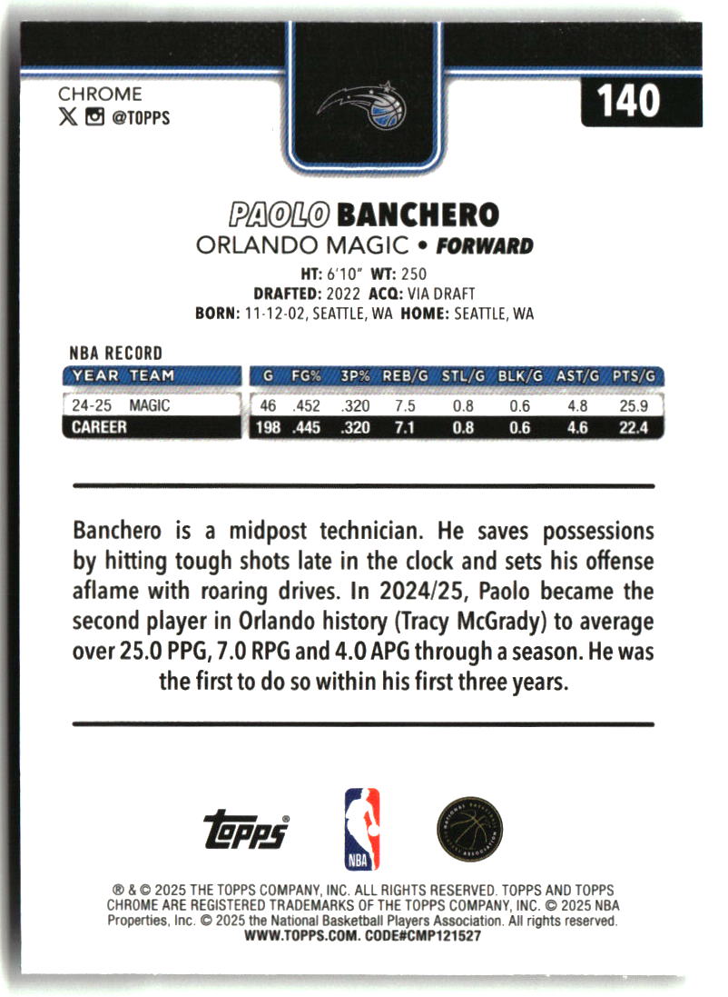 Paolo Banchero 2025-26 Topps Chrome Prism Refractor #140