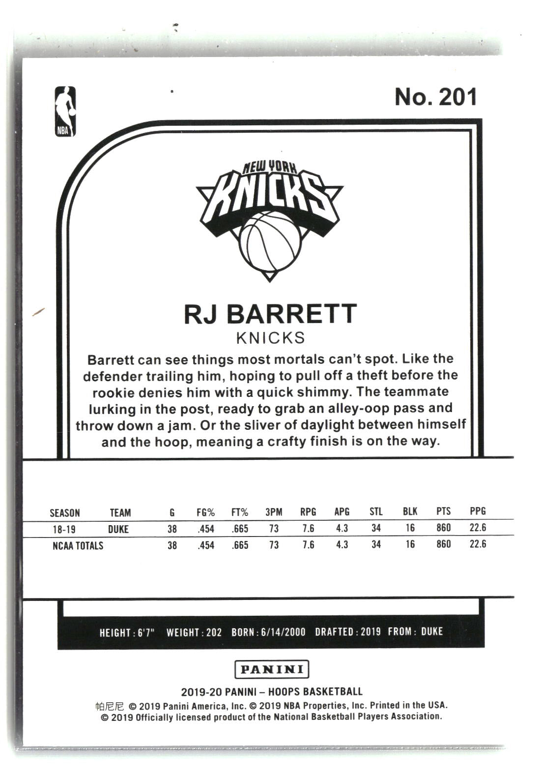 RJ Barrett 2019-20 Hoops #201