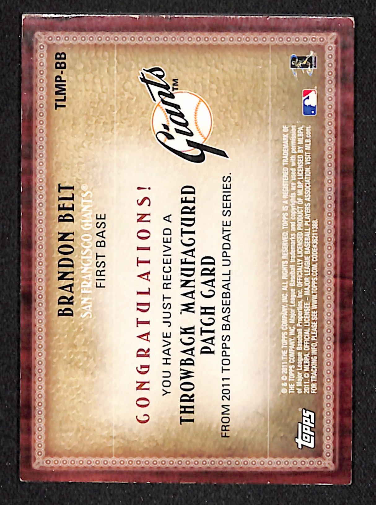 Brandon Belt 2011 Topps Update Throwback Logo Manufactured Patch #TLMP-BB