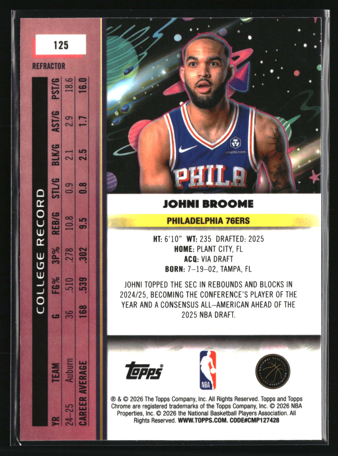 Johni Broome 2025-26 Topps Chrome Cosmic Refractors #125