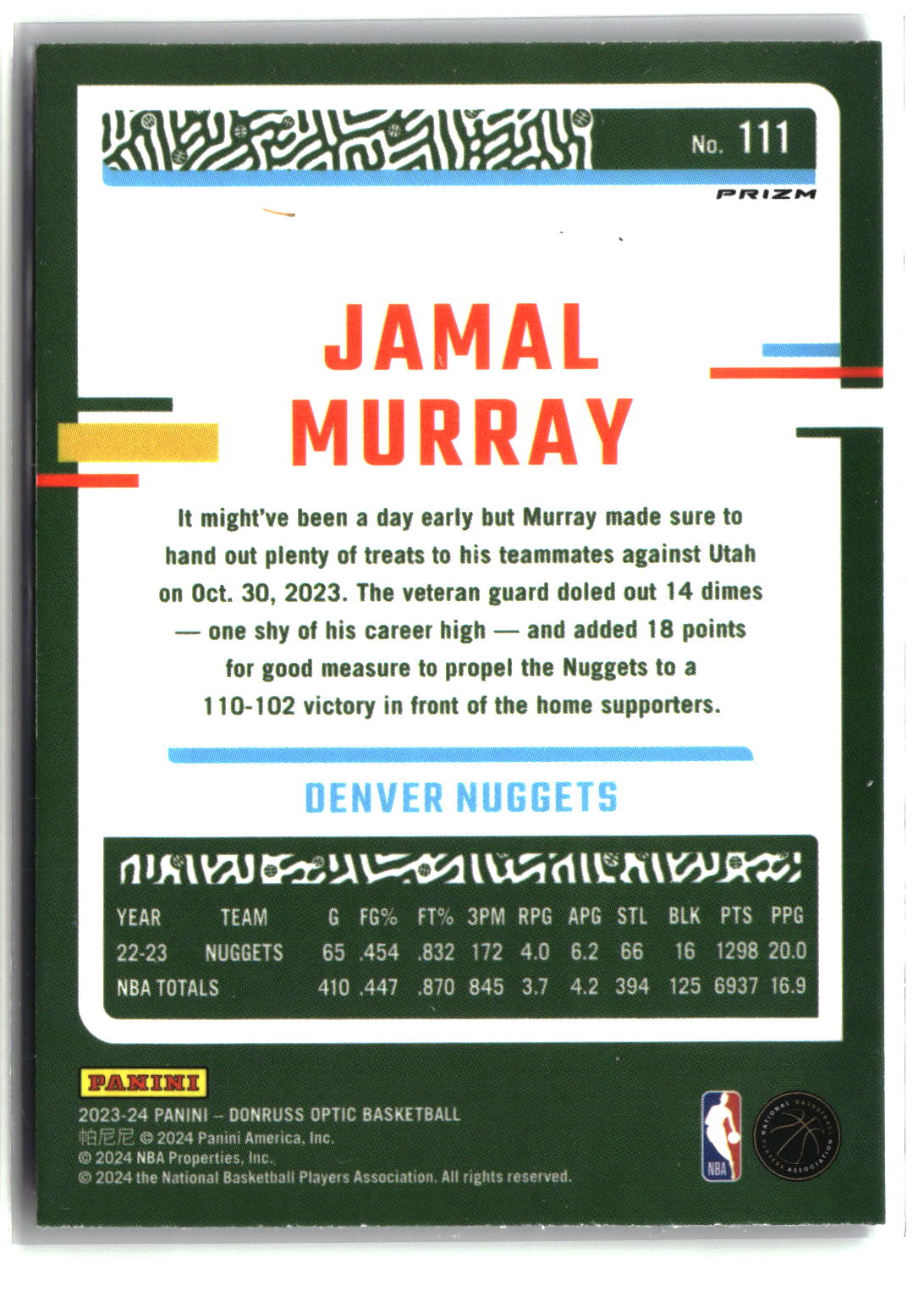 Jamal Murray 2023-24 Donruss Optic Purple Shock #111