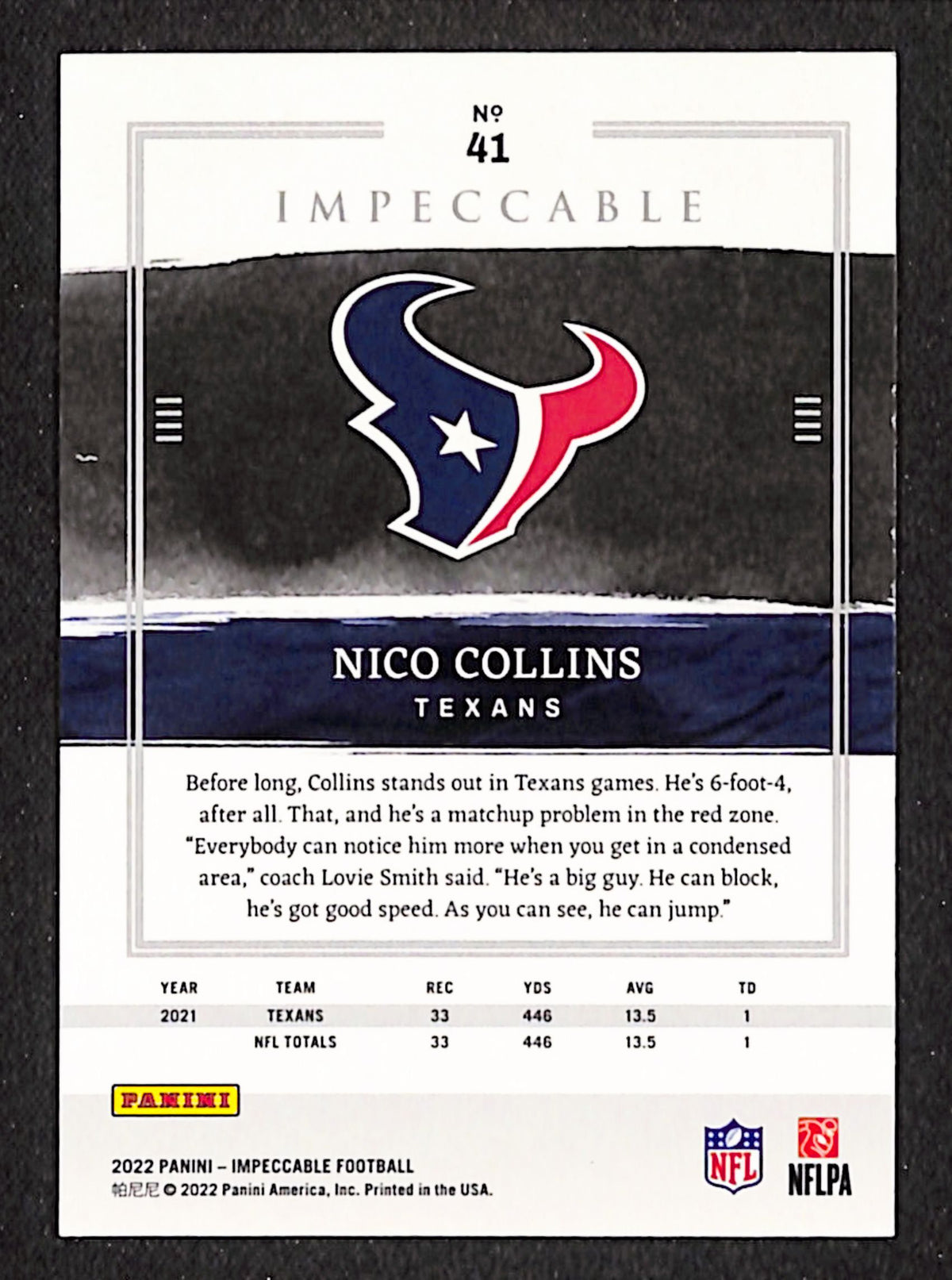 Nico Collins 2022 Panini Impeccable Silver #41 #/50