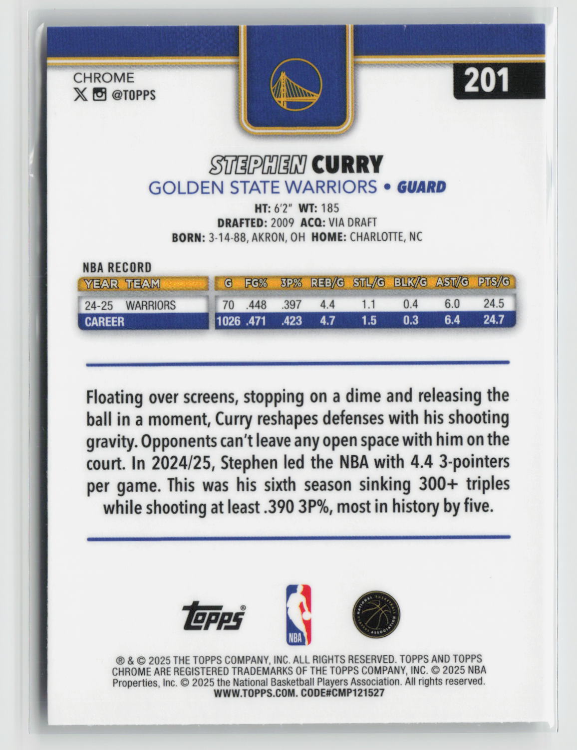 Stephen Curry 2025-26 Topps Chrome X-Fractor #201