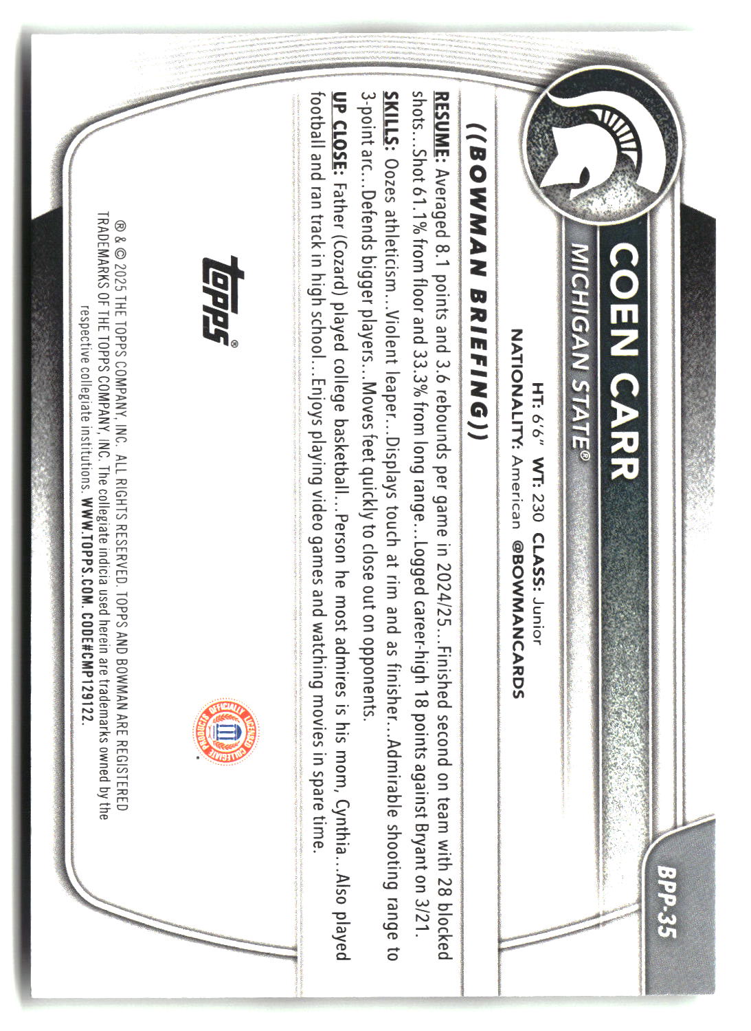 Coen Carr 2025-26 Bowman Prospects #BPP-35