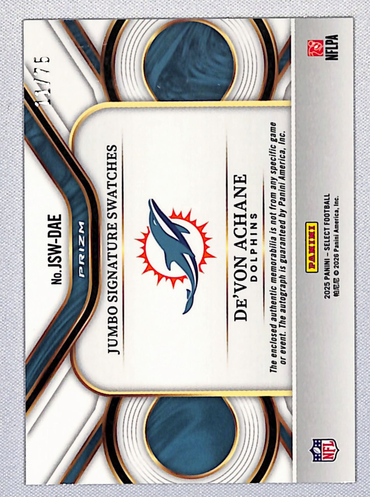 De'Von Achane 2025 Select Jumbo Signature Swatches White Prizm #JSW-DAE #/75